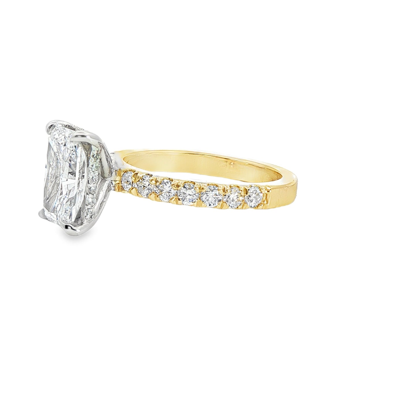 Custom 14K Yellow Gold Radiant 1/2 Way Engagement Ring With White Gold Hidden Halo Head