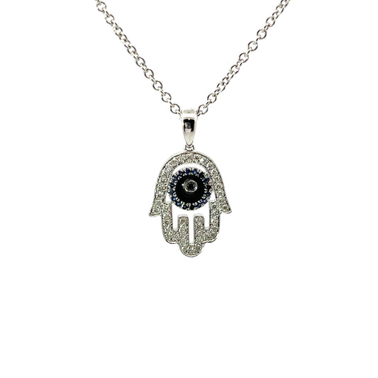 18K White Gold Diamond And Sapphire Hamsa And Enanmel Pendant On 14K Wg 18" Chain 16 Blue Sapphire0.04Ct And 43 Diamonds 0.09Ct