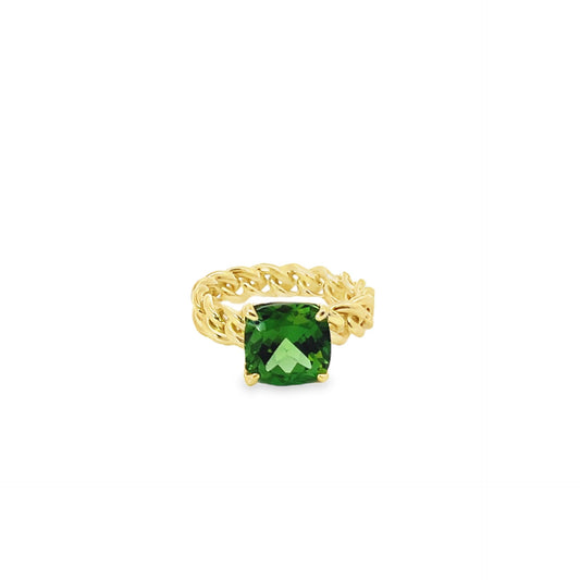 14K Yellow Gold Chain Link Ring Set With 3.47Ct Cushion Cut Green Tourmaline