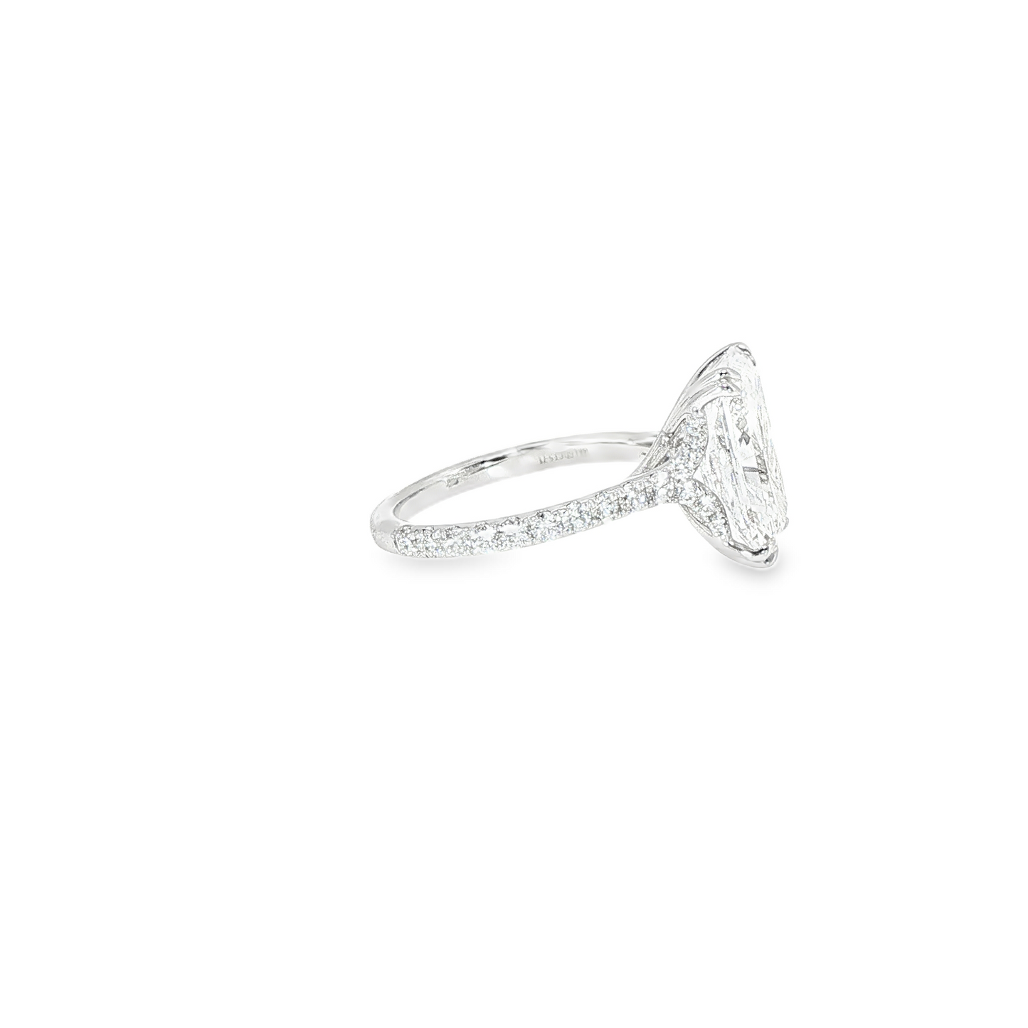 18K White Gold Lab Radiant Cut Diamond Engagment Ring With Contour Gallery Rail And Double Claw Prongs 5.12CT