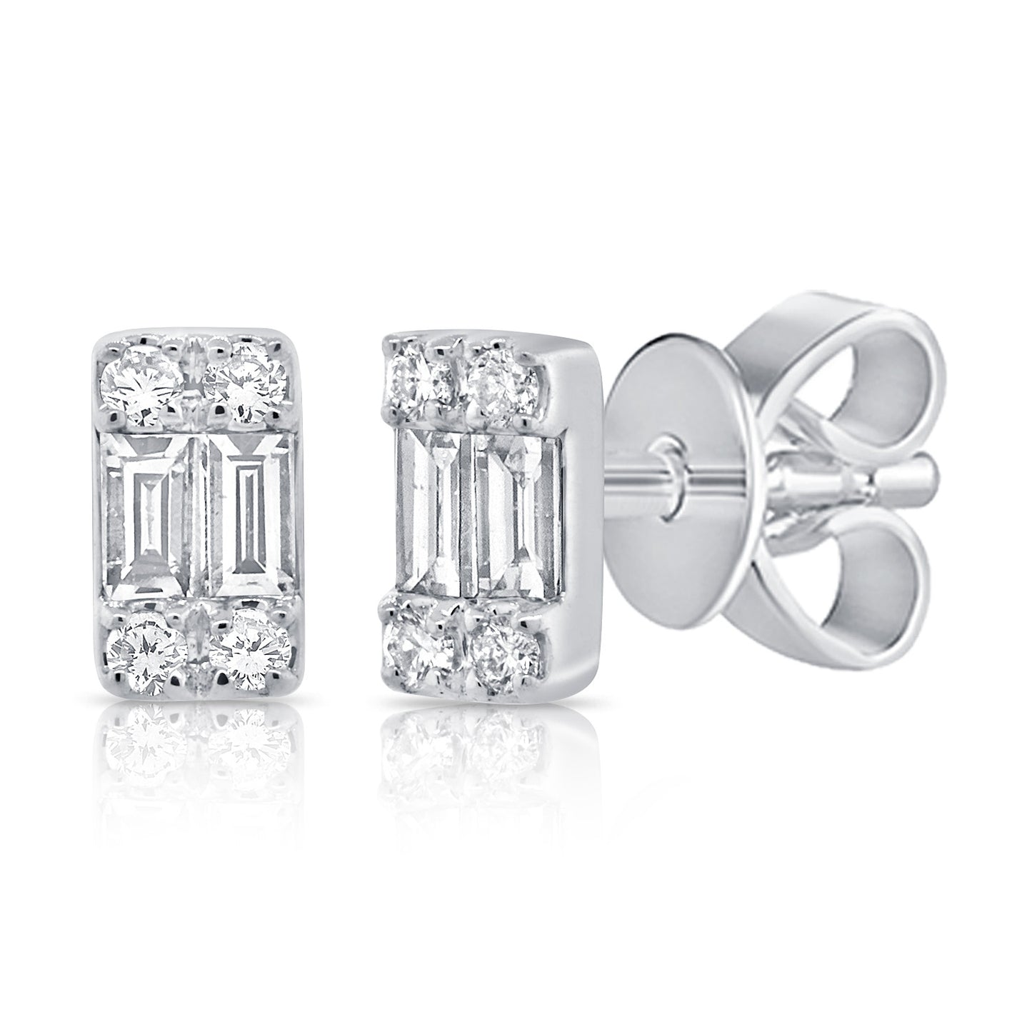 14K Yellow Gold Fashion Stud Earrings 4 Baguettes 0.08Ct 8 Round 0.06Ct