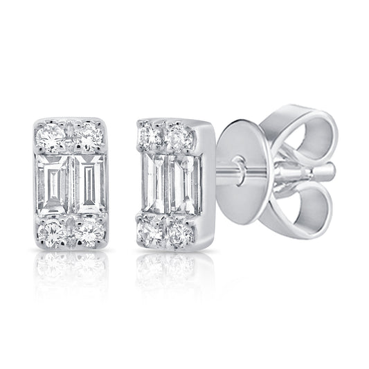 14K Yellow Gold Fashion Stud Earrings 4 Baguettes 0.08Ct 8 Round 0.06Ct