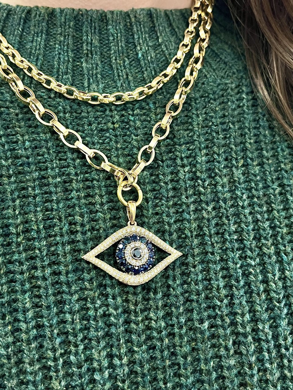 14k yellow gold diamond and sapphire large evil eye pendant