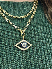 14k yellow gold diamond and sapphire large evil eye pendant