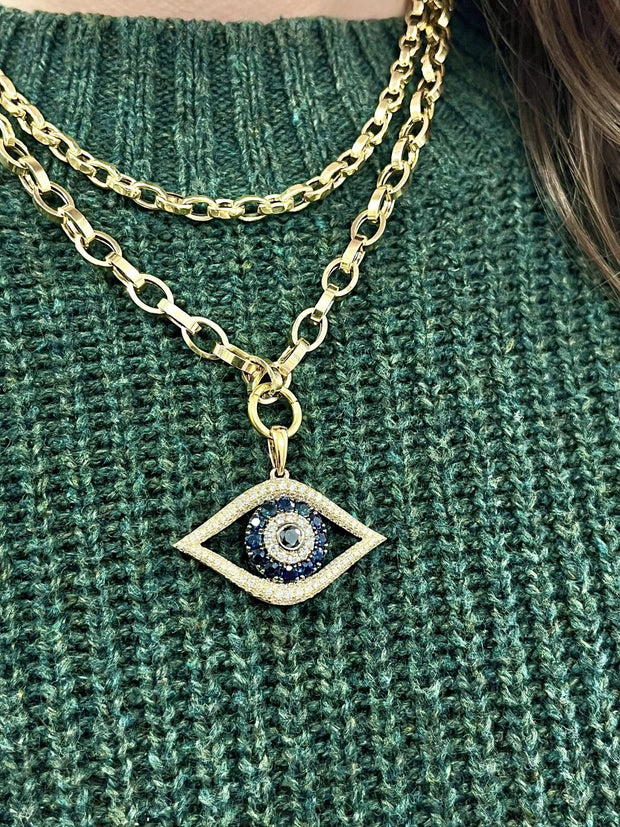 14k yellow gold diamond and sapphire large evil eye pendant