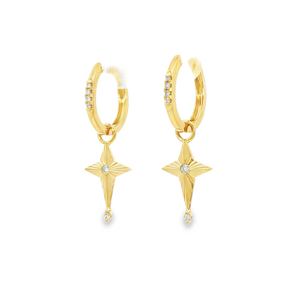 14K Yellow Gold Diamond Hoop Earrings With Flutted Stars 0.12Ctw