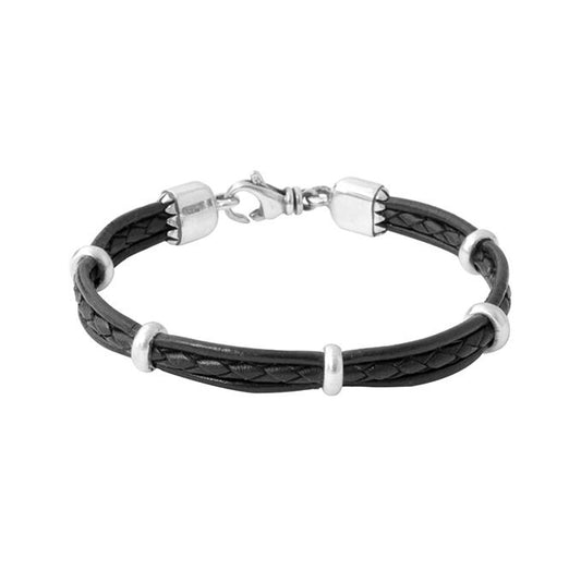 MULTI STRAND LEATHER BRACELET WITH SILVER RONDELLE HEADS SIZE 8.75