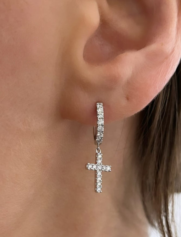 Diamond huggie cross earrings