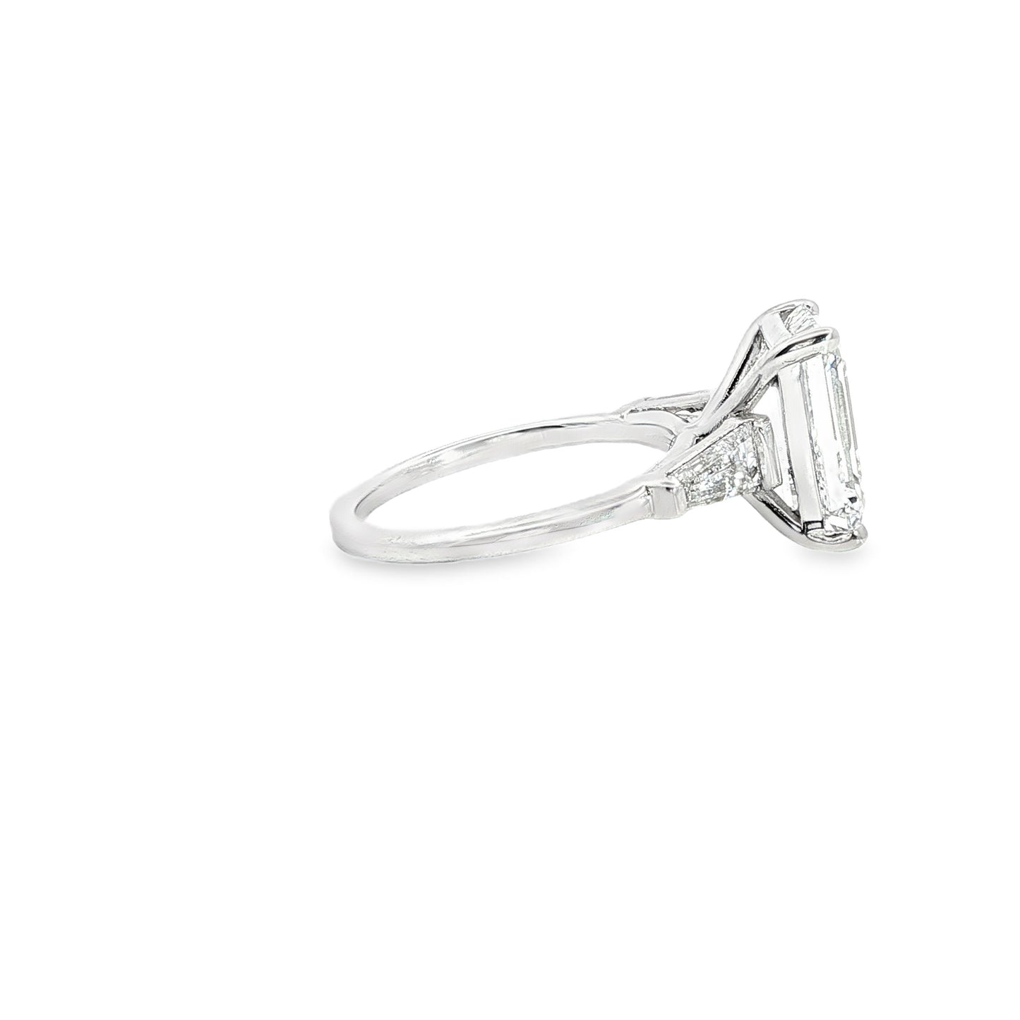 14K White Gold Lab Emerald Cut Diamond Tappered Baguette Three Stone Engagement Ring