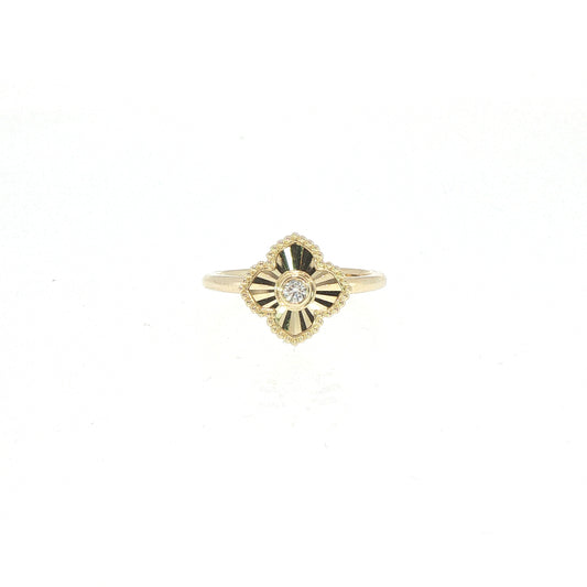 14K Yellow Gold Flutted Flower Diamond Fashion Ring With Milgraine Edge