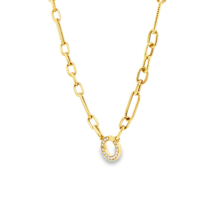 18K Yellow Gold Paperclip Chain Necklace With Pave Diamond Snap Bale 0.13Ctw