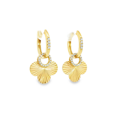 14K Yellow Gold Diamond Hoop Earrings With Flutted Clovers 0.16Ctw