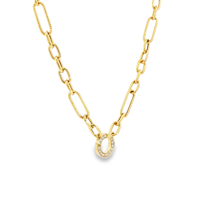 18K Yellow Gold Paperclip Chain Necklace With Pave Diamond Snap Bale 0.13Ctw