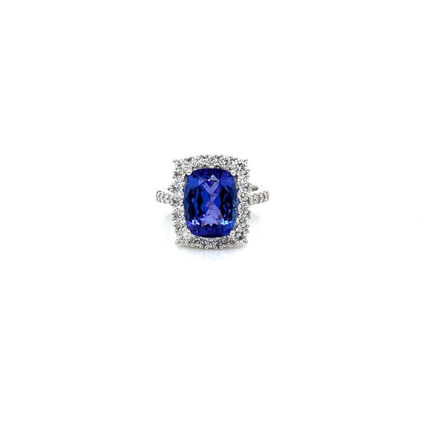 18K WG LARGE CUSHION CUT TANZANITE AND DIAMOND RING