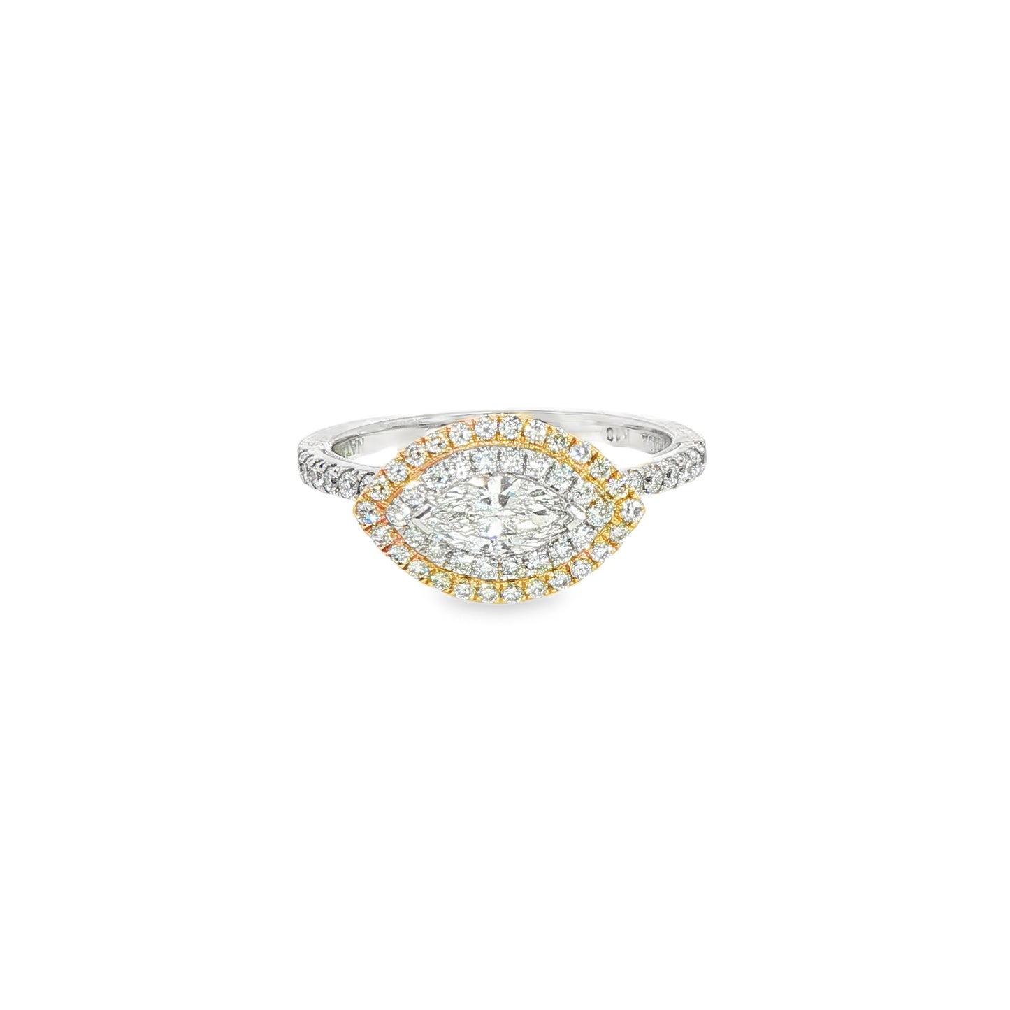 18k two tone east to west marqusie diamond halo ring 0.75ct