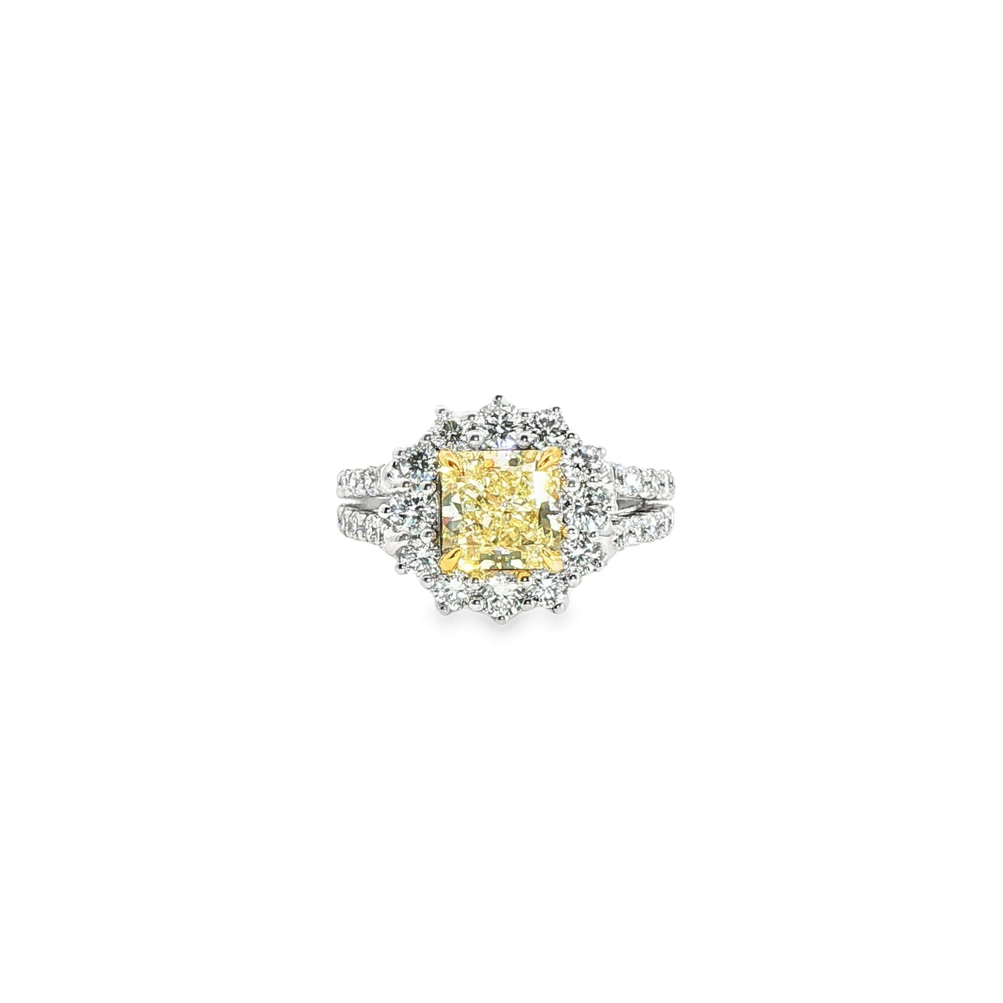 14K White Gold Fancy Yellow Princess Cut Diamond Halo Split Shank Ring