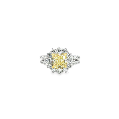 14K White Gold Fancy Yellow Princess Cut Diamond Halo Split Shank Ring