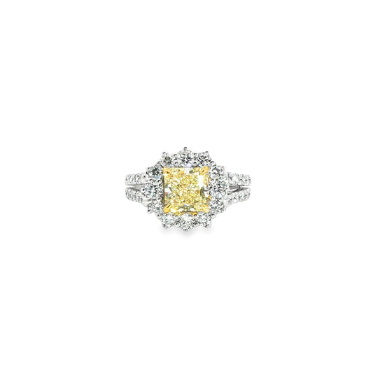 14K White Gold Fancy Yellow Princess Cut Diamond Halo Split Shank Ring