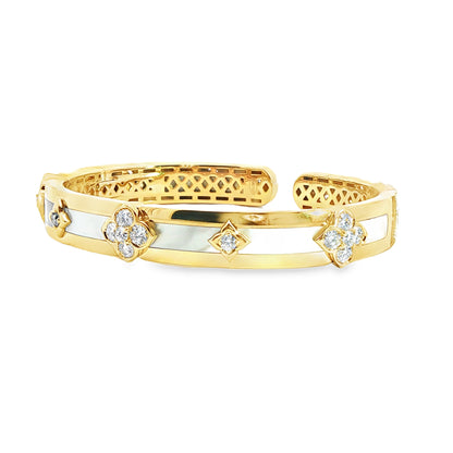 18K Yellow Gold White Mother Of Pearl And Diamond Open Bangel Cuff 1.81Ctw