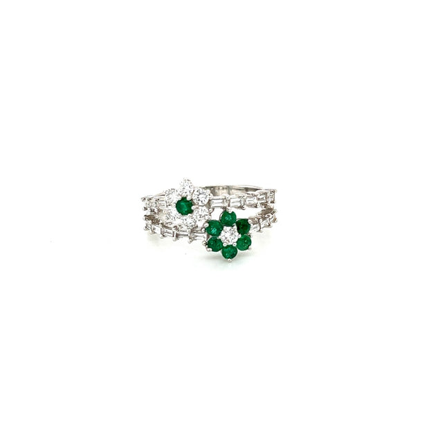 18k double row floral emerald and diamond fashion ring