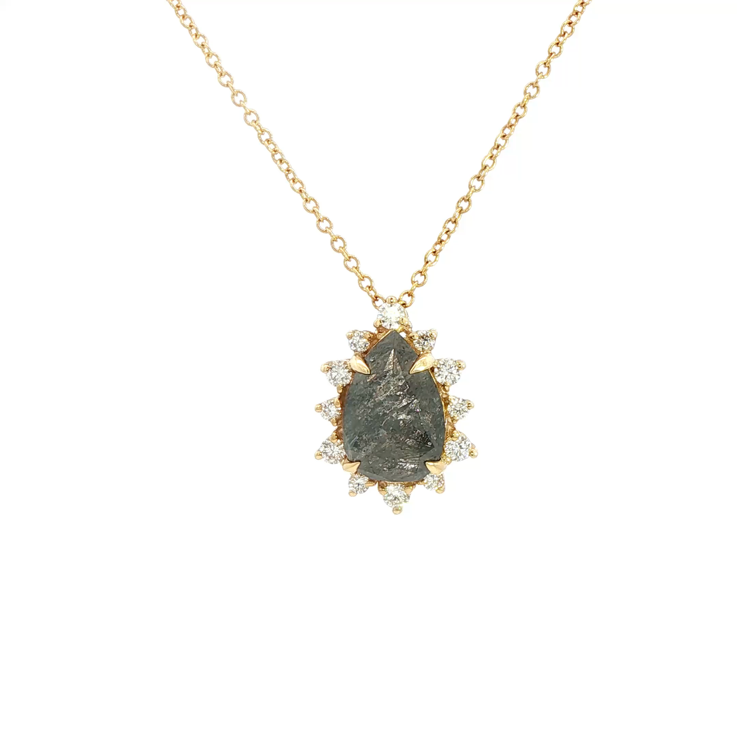 14K Yellow Gold Black And White Rose Cut Diamond 2.97Ct Necklace With Diamond Halo 0.32Ct
