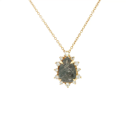 14K Yellow Gold Black And White Rose Cut Diamond 2.97Ct Necklace With Diamond Halo 0.32Ct