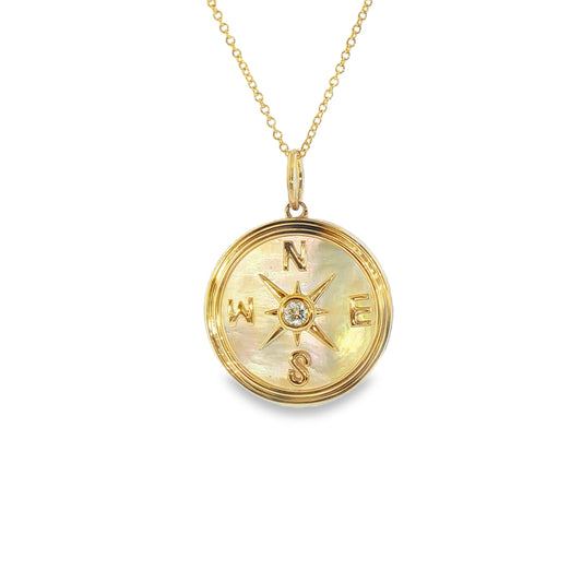 14K Yellow Gold Mothr Of Pearl  Compass Disc  Charm Pendant With One Round Diamond In The Center 0.06Ct On A Cable Chain