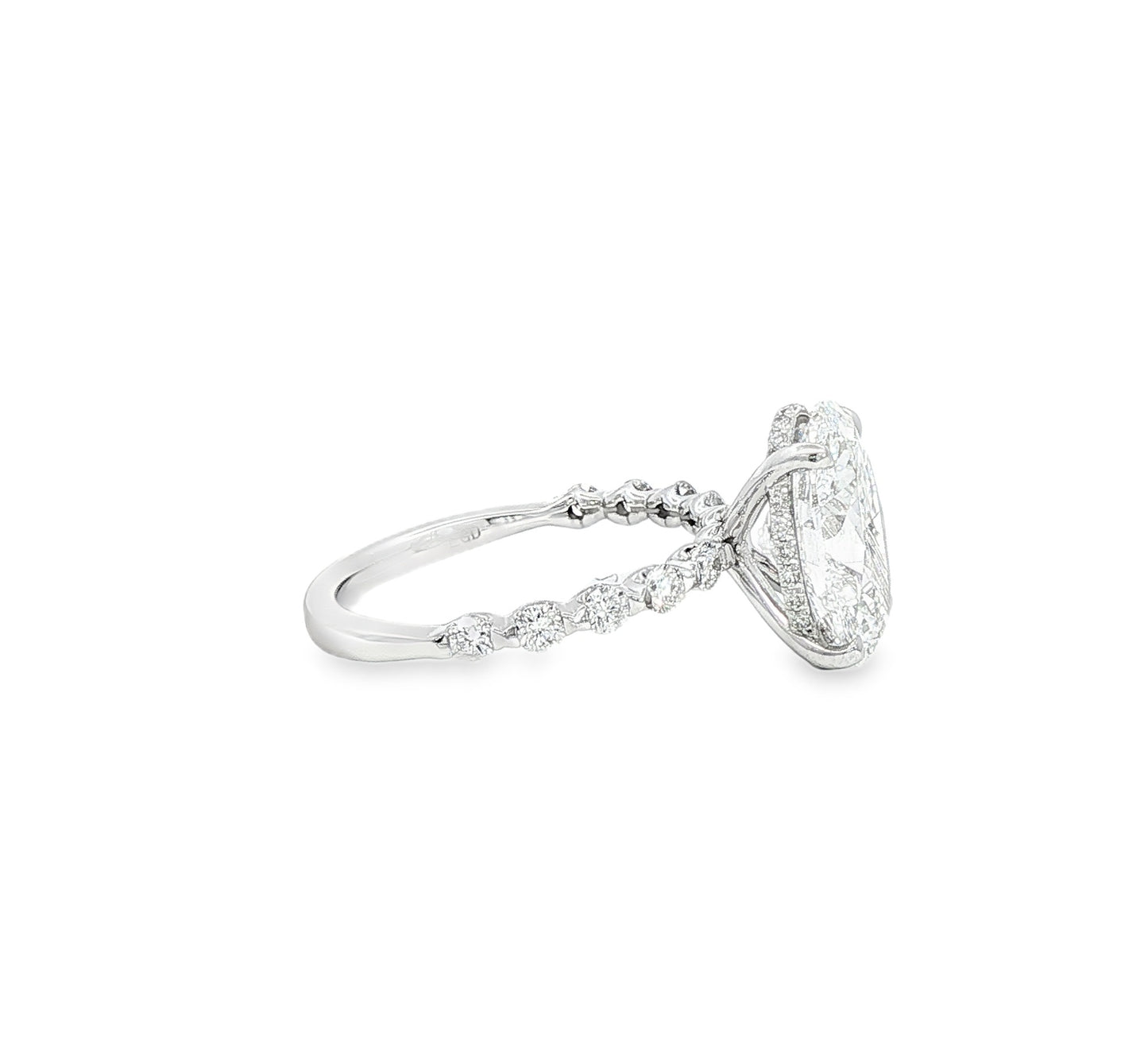 Custom 14K White Gold Oval Diamond With Single Prong Rounds And Hidden Halo Engagment Ring