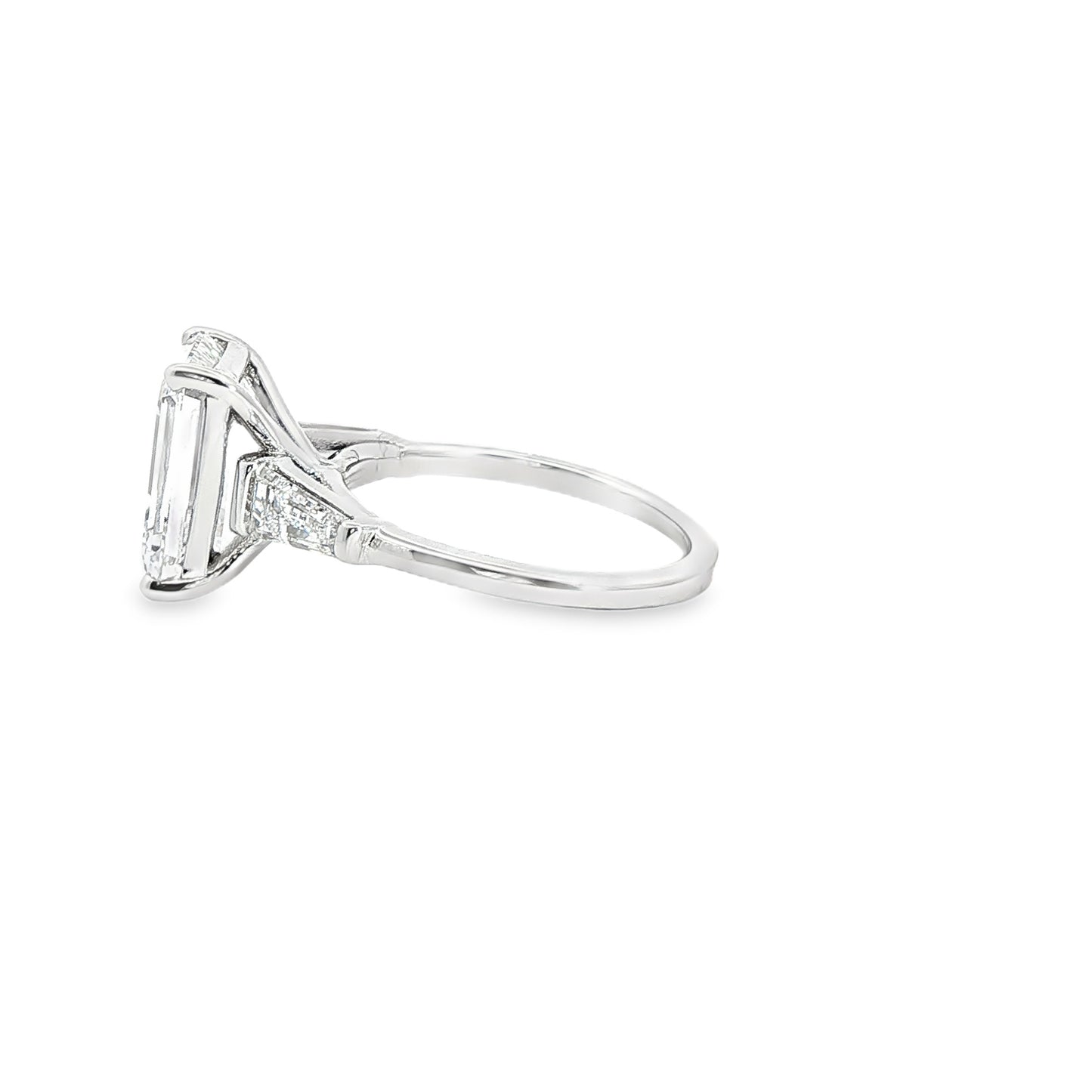 14K White Gold Lab Emerald Cut Diamond Tappered Baguette Three Stone Engagement Ring