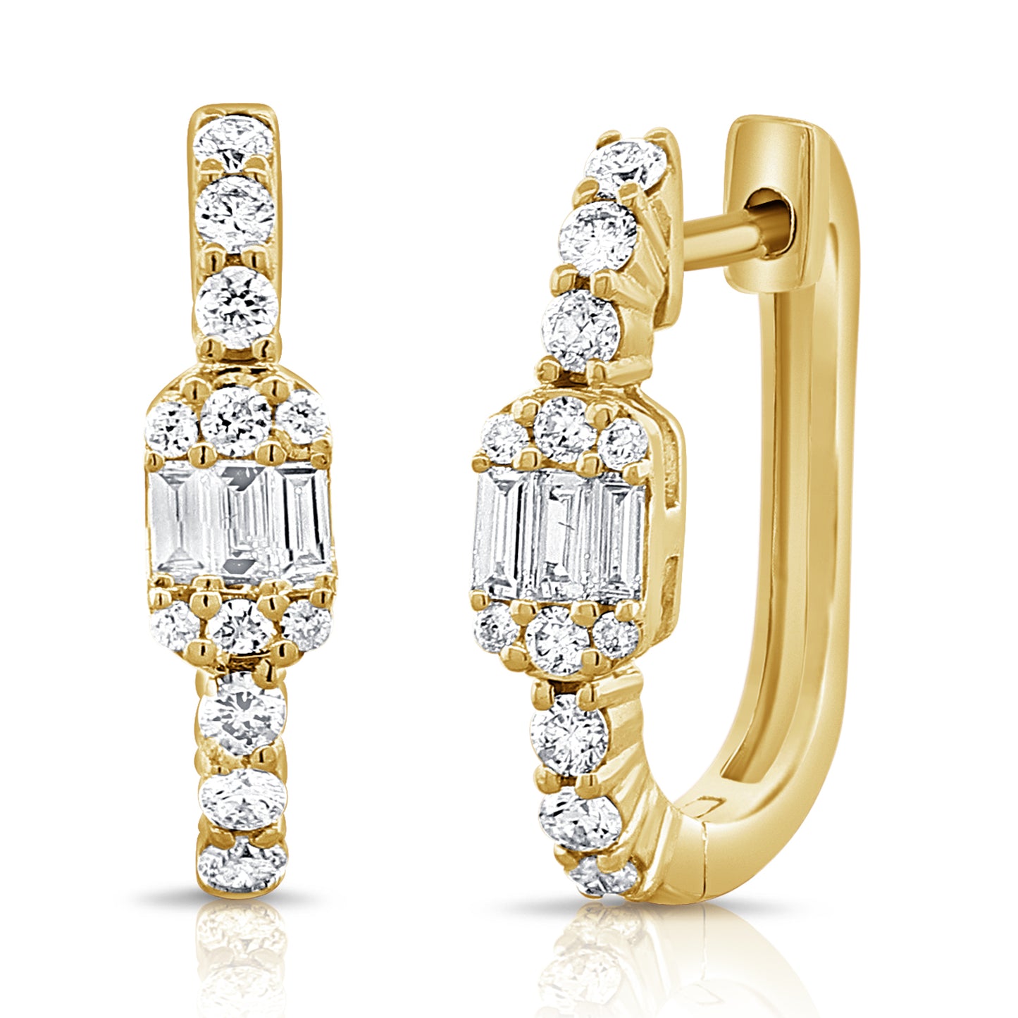 14K Yg Huggie Earrings With Baguette Center Bd= 0.12Ct  And Rd= 0.30Ct
