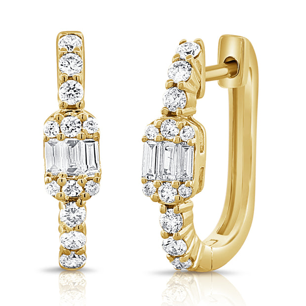 14K Yg Huggie Earrings With Baguette Center Bd= 0.12Ct  And Rd= 0.30Ct