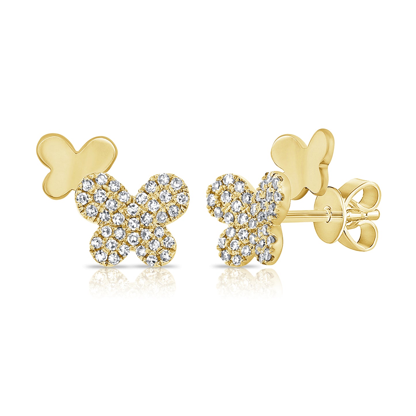 14K Yellow Gold Double Butterfly Fashion Stud Earrings 0.19Ct