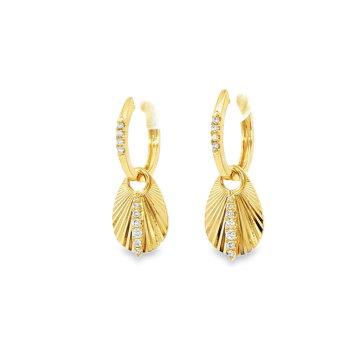 14K Yellow Gold Diamond Hoop Earrings With Flutted Fans 0.16Ctw