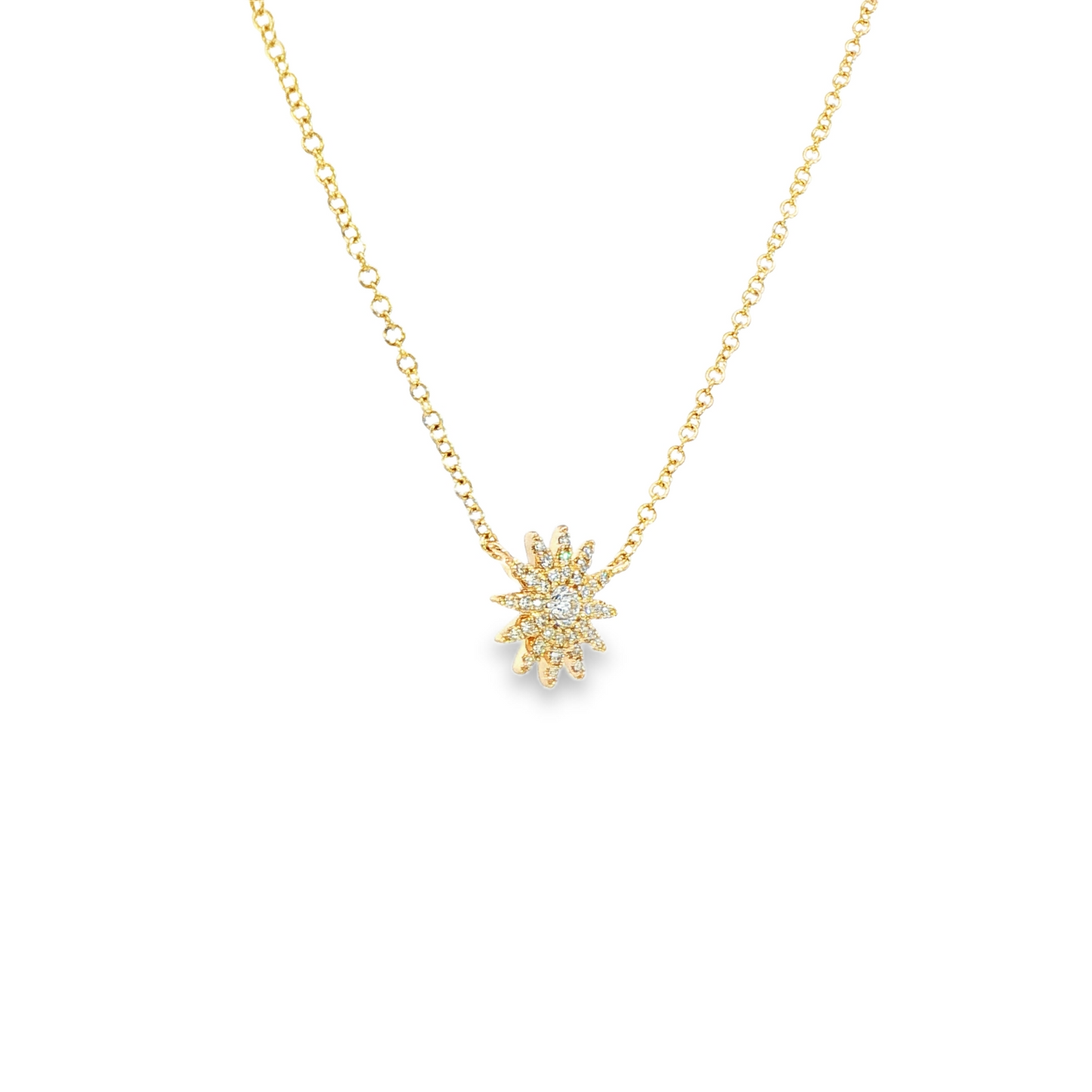 14K Yellow Gold Diamond Starburst Pendant Necklace 0.15Ctw