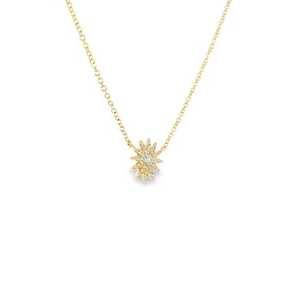 14K Yellow Gold Diamond Starburst Pendant Necklace 0.15Ctw