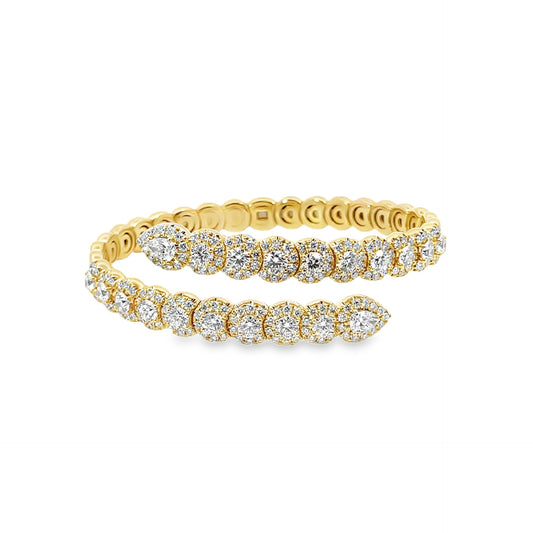 18K Yellow Gold Diamond Halo Wrap Bracelet Cuff 5.40Ct