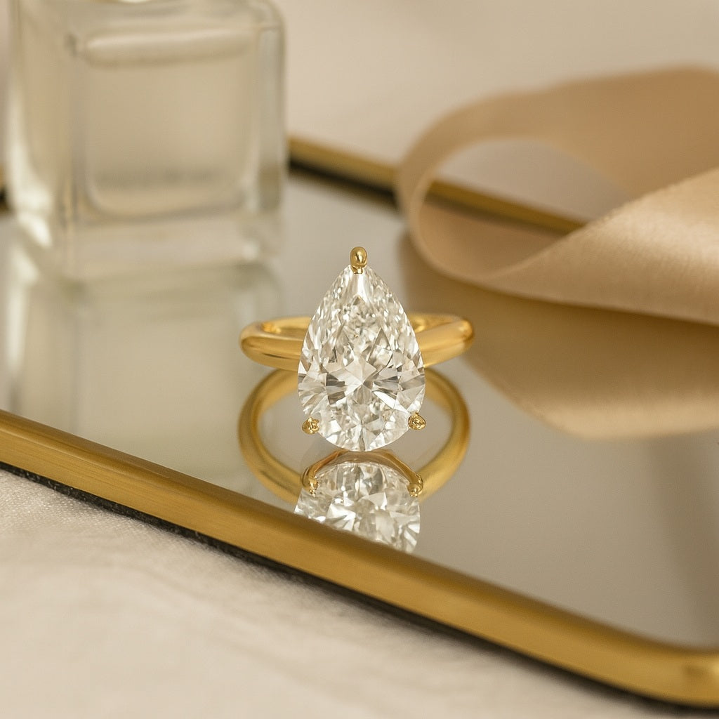 14K Yellow Gold Cathedral Lab Diamond Pear Cut Engagement Ring With Diamond Hidden Halo