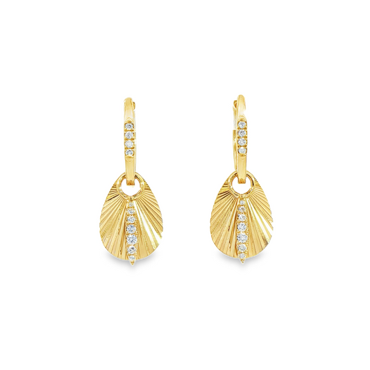 14K Yellow Gold Diamond Hoop Earrings With Flutted Fans 0.16Ctw