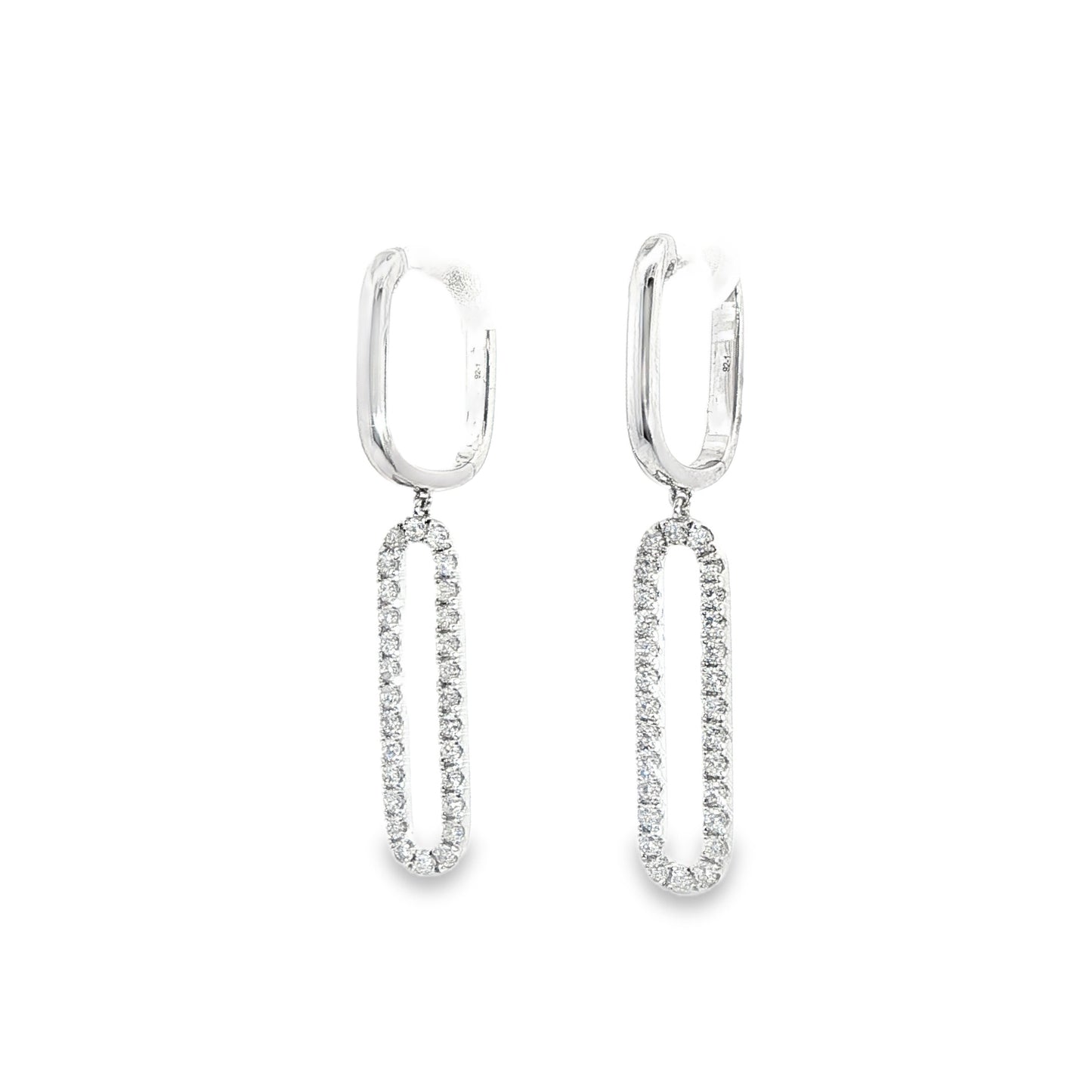 14K White Gold Paper Clip Dangle Earrings With Diamonds