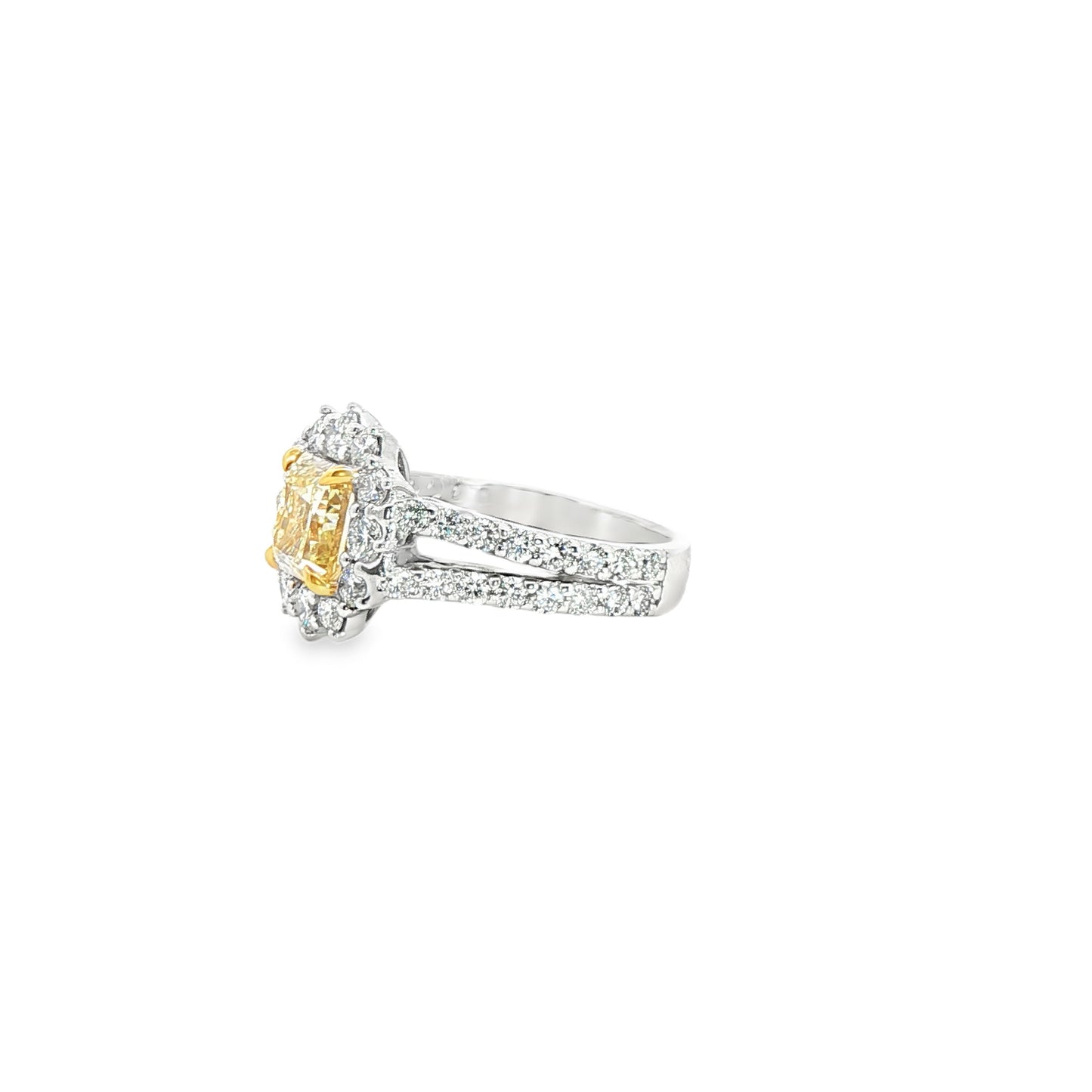 14K White Gold Fancy Yellow Princess Cut Diamond Halo Split Shank Ring