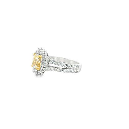 14K White Gold Fancy Yellow Princess Cut Diamond Halo Split Shank Ring