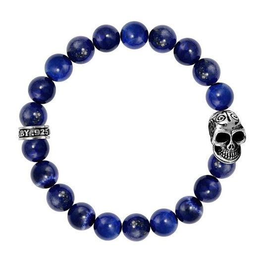10MM LAPIS BEAD BRACELET WITH DOTD SKULL
