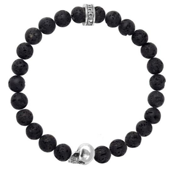 8MM BLACK LAVA ROCK BACELET W/ SKULL BEAD