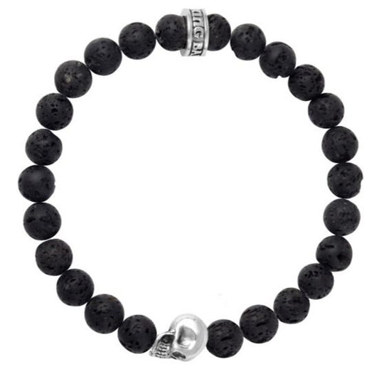 8MM BLACK LAVA ROCK BACELET W/ SKULL BEAD