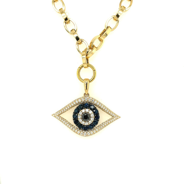 14k yellow gold diamond and sapphire large evil eye pendant