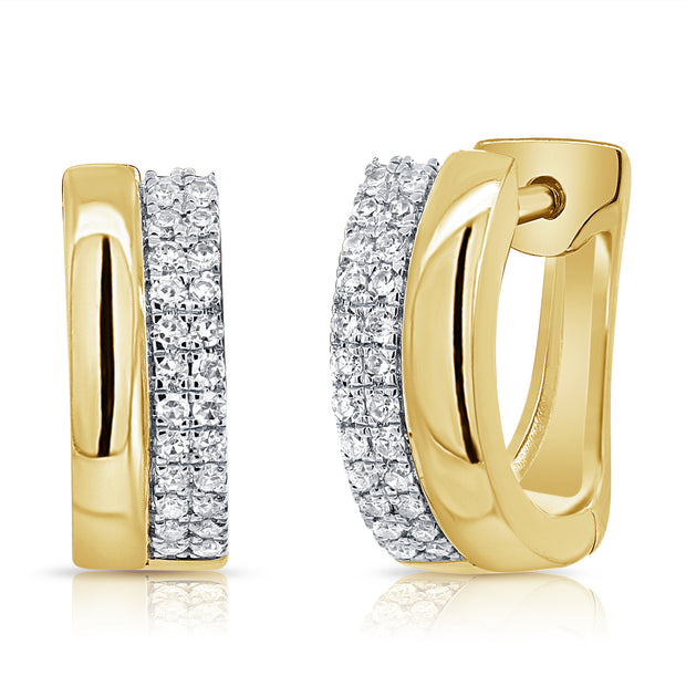 14K Yg Small Double Row Solid Gold And Diamond Huggie Earring D=17Ct