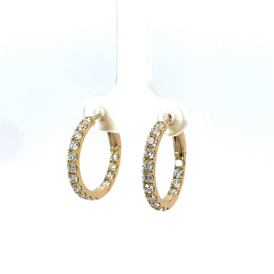 18K Yellow Gold 3/4" Round Diamond Hoop Earrings 1.35Ct