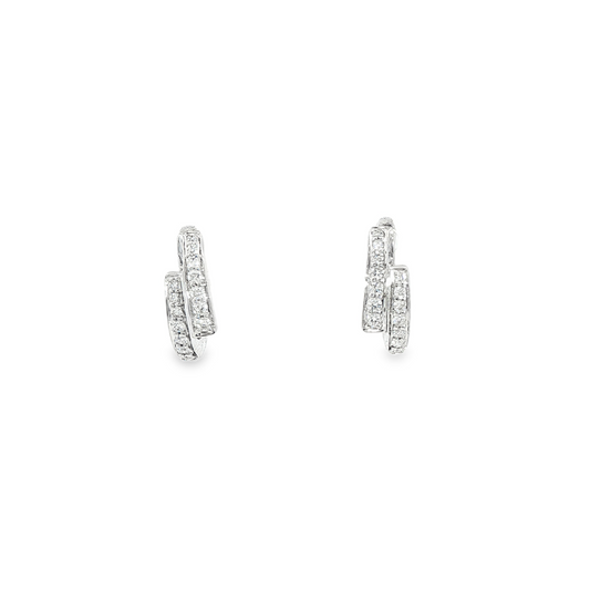 18K White Gold Diamond Double Row Huggie Hoop Earrings 0.20Ctw