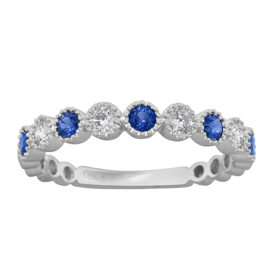 18k white gold bezel set blue sapphire and diamond band