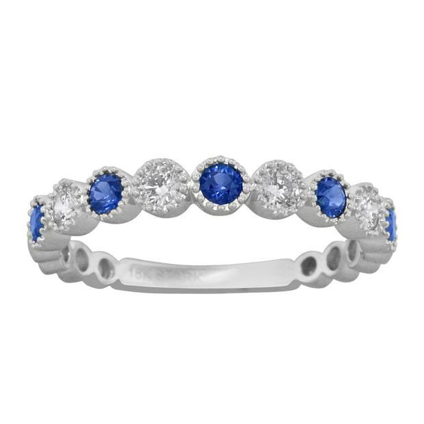 18k white gold bezel set blue sapphire and diamond band